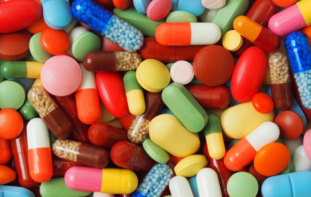 Macro of background made from pills and capsules
